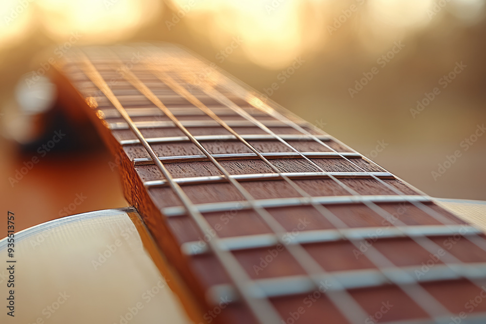Poster A set of guitar strings, isolated on a pastel cream background, representing the foundation of sound in string instruments,