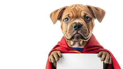 Funny Mastiff puppy wearing superhero costume looking above empty white banner and  shows signboard with labeled sale Isolated on white background : Generative AI