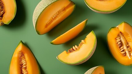 Mango color with sliced cantaloupe fruit set on a green backdrop