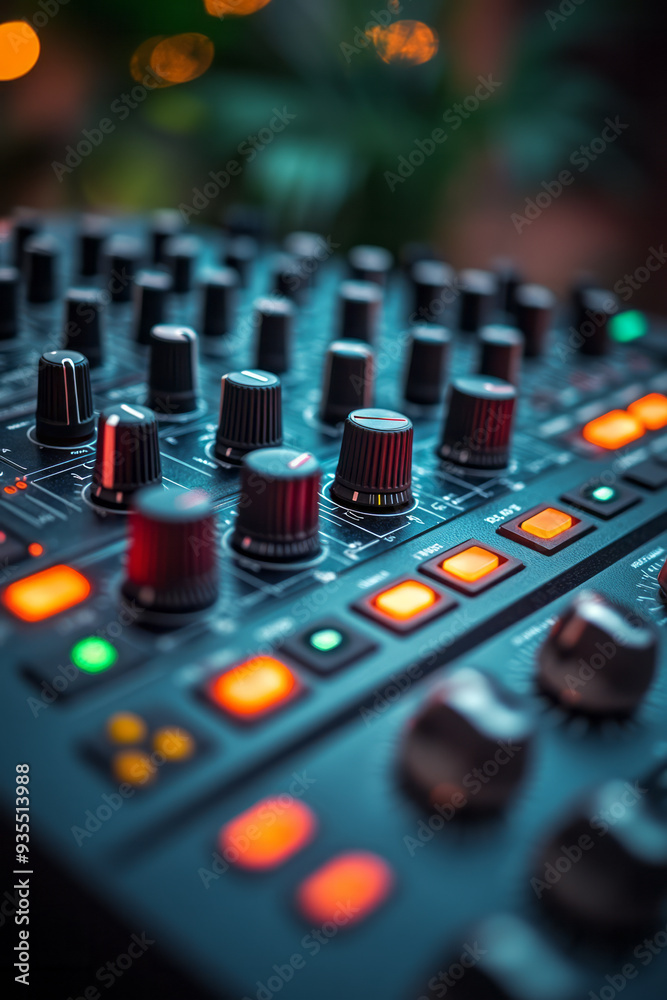 Aufkleber a mixing console, isolated on a pastel mint background, representing the art of balancing sound in m