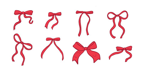Red ribbon bows. Set of hand drawn bows for gifts. Birthday, Christmas, and Valentine's Day decoration. Gift wrapping. Vector illustration.