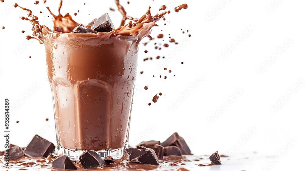 Poster glass of chocolate drinks with splash isolated on white background : generative ai
