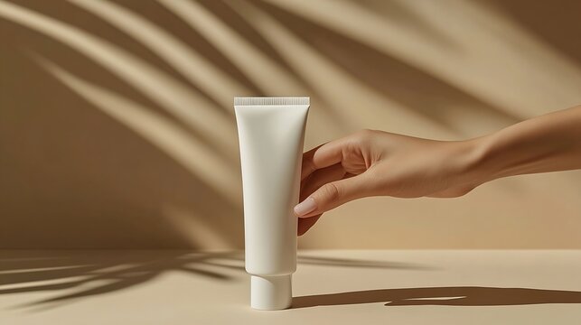 Womans hand touches a mockup of white tube of cream Unlabeled packaging for cosmetics in sunlight on beige background Concept of skincare Harsh shadows : Generative AI