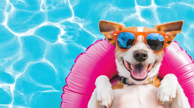 Happy dog wearing sunglasses relaxing on a pink float in a crystal-clear pool, enjoying the summer sun. Perfect for summer and vacation themes.