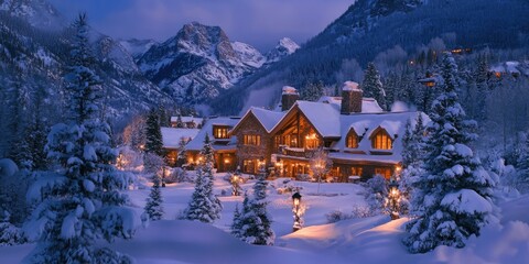 Fototapeta premium A snow-covered cabin in the mountains at twilight.