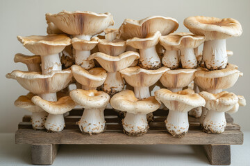 A mushroom drying rack, isolated on a pastel beige background, capturing the preservation of foraged mushrooms,