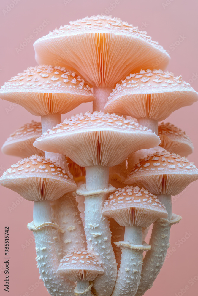 Poster a mushroom identification chart, isolated on a pastel pink background, symbolizing the learning aspe