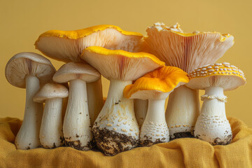 A set of wild mushrooms displayed on a cloth, isolated on a pastel yellow background, representing the variety found in nature,