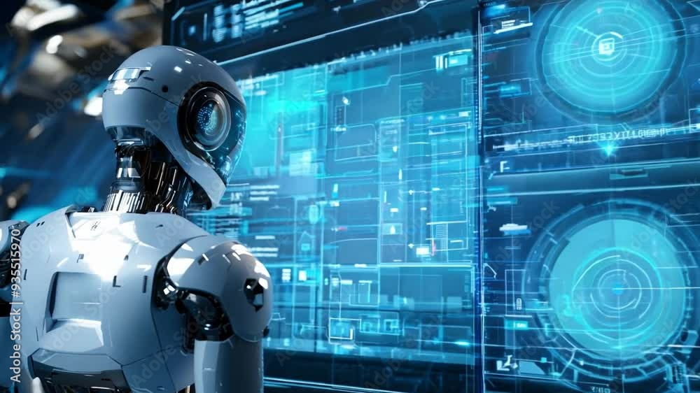 Poster a humanoid robot observes multiple digital displays filled with data, immersed in a high-tech settin