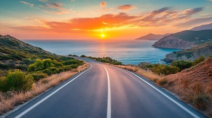 highway landscape at colorful sunset Road view on the sea colorful seascape with beautiful road Way view on ocean beach coastal road in europe Beautiful nature scenery in the Mediterra : Generative AI