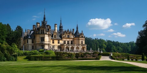 Fototapeta premium A grand castle sits amidst manicured gardens.