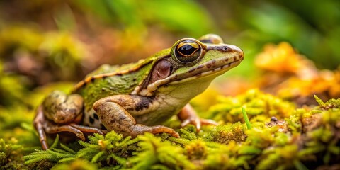 Obraz premium With its remarkable ability to blend in, the frog's green and brown camouflage allows it to remain hidden from view, its curiosity simmering just beneath the surface.