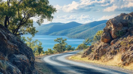 Fototapeta premium Winding Road Through Scenic Mountains and Coastal Waters, Leading to Tranquil Beauty