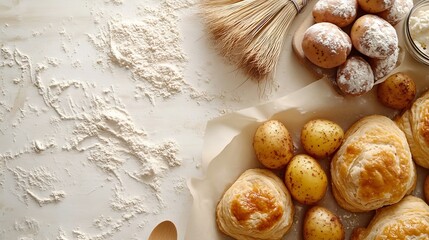 Collage of baking paper with fresh pastry and roasted potatoes on white background : Generative AI