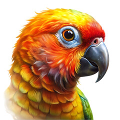 Obraz premium Close-Up Head Shot of a Colorful Sun Conure Parrot on White Background Ideal for Bird and Wildlife Photograph