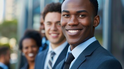 Fototapeta premium A group of professionals in suits stands confidently outside a sleek office building. They smile and appear engaged, highlighting a positive work environment and collaboration