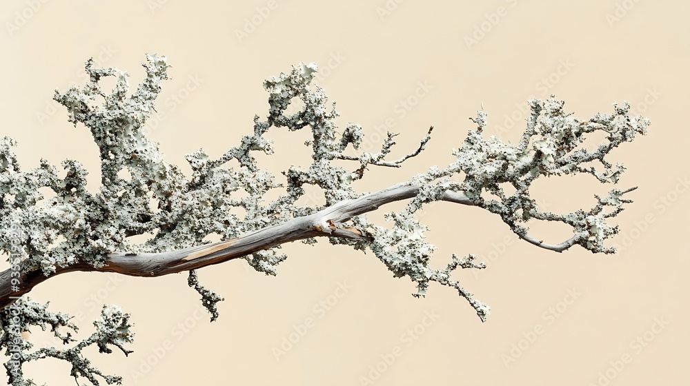 Poster abstract north nature scene with a composition of lichen pine branches and dry snags beige backgroun