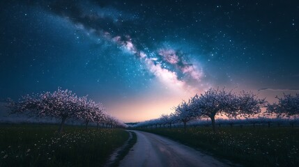 Naklejka premium A serene night landscape featuring a starry sky with the Milky Way over a blooming orchard and a country road : Generative AI
