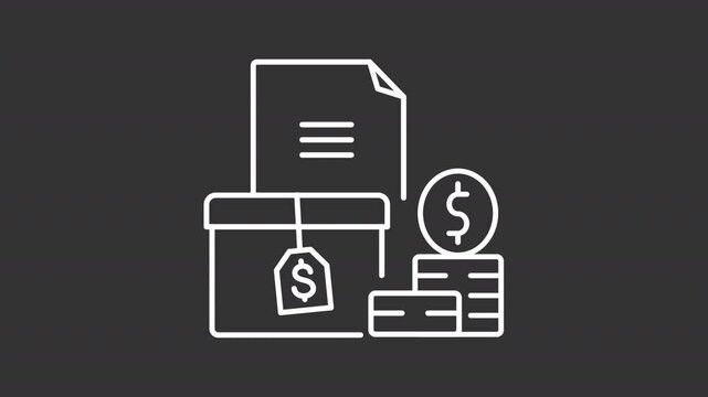 Receivables white line animation. Animated goods and documents icon. Business operations. Bookkeeping. Isolated illustration on dark background. Transition alpha video. Motion graphic