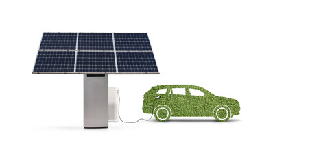 Green electric car at a charging station, solar panel and sustainable energy consumption concept