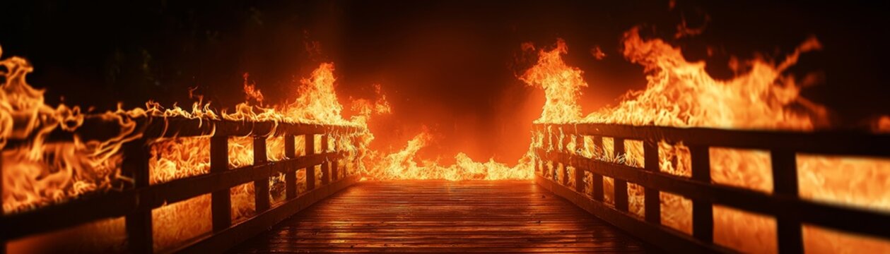 A burning bridge symbolizing a decisive moment, with flames cutting off the path behind.