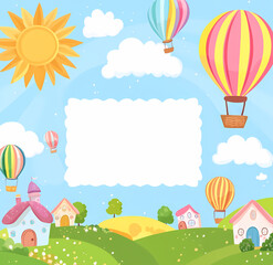 cheerful children's illustration with hot air balloons, clouds, sun featuring bright colors, quaint houses, and a large blank space in the middle for text. perfect for invitations or announcements