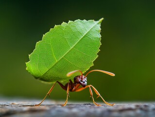 A red ant carries a large green leaf, showcasing the strength and determination of nature's tiny workers.