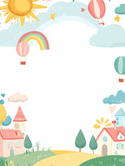 Cheerful Children's Illustration with Rainbow, Smiling Clouds, and Suns, Featuring Colorful Flags and Stars with a Large Blank Space for Text, Perfect for Kids' Content