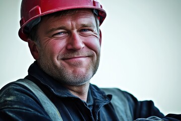 Fototapeta premium A confident middle-aged construction worker wearing a helmet and work clothes radiates positivity isolated against a bright white background, showing pride and dedication to his craft 