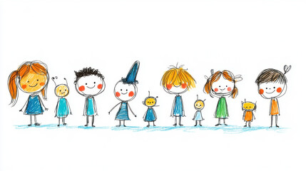 Obraz premium A whimsical, hand-drawn stick figure family of eight with colorful outfits, standing in a row on a white background.