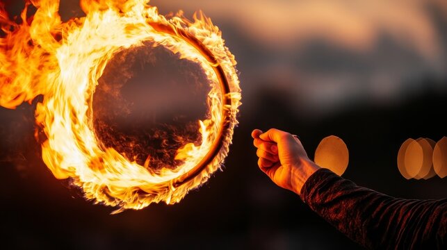 A fire spinner performing at a festival, with flaming hoops and poi creating beautiful patterns.