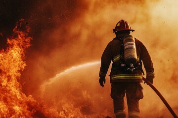 A firefighter carrying a hose, dousing flames in a smoky, chaotic scene.