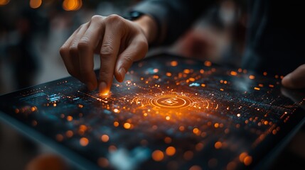  Close-up of hand interacting with futuristic digital interface on a tablet, with glowing orange cyberpunk elements, perfect for technology and innovation themes