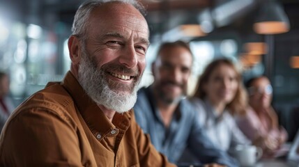 Fototapeta premium A cheerful elderly man with a gray beard enjoys time with friends at a café, showcasing a warm smile. The atmosphere is inviting and vibrant, filled with conversation