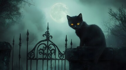 Black Cat Silhouette at Gate with Full Moon and Fog