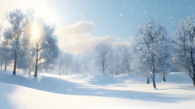 61. Stunning 3D render of a peaceful winter landscape with snow-covered trees and a soft snowfall, set against a pristine background