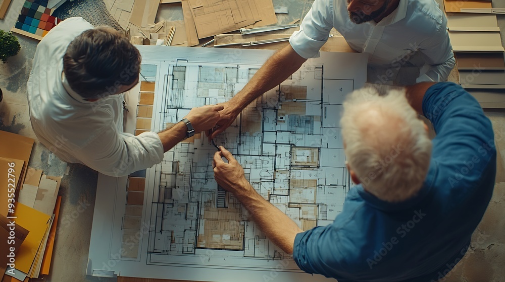 Poster skilled architect team discuss about house construction while interior designer point an appropriate