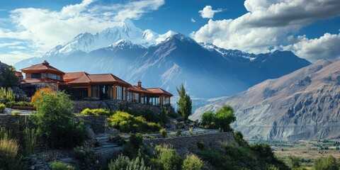 Mountain home with snowy peaks and valley.