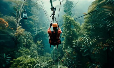 Adventurous couple zip-lining through lush forest canopies on a nature excursion during their summer vacation - Powered by Adobe
