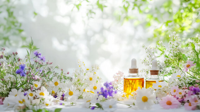 Aromatherapy oils with fresh flowers in a sunlit setting, showcasing the natural essence of wellness and relaxation, ideal for spa treatments and holistic health practices.