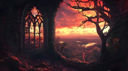 Obraz premium Ruined Gothic Window Sunset Landscape