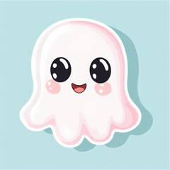 Obraz premium Cute Kawaii Ghost Character with Big Eyes and a Friendly Smile, Minimalist Design with Soft Pastel Colors, Cartoon Illustration for Fun and Lighthearted Themes