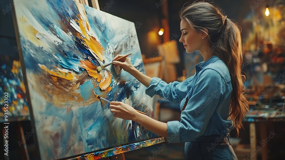 Poster talented female artist working on a modern abstract oil painting gesturing with broad strokes using 