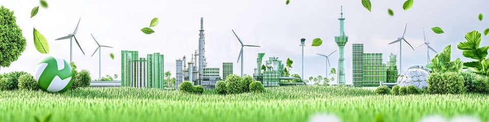 Eco-Friendly Energy Revolution: Abstract Green Factory with Hydrogen Pipelines and Wind Turbines. Sustainable Industrial Concept for Environmental Protection Day. Minimalist Composition Ideal for UI, 