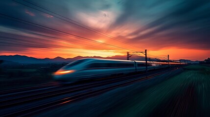 Bullet train speeding through the countryside at dusk