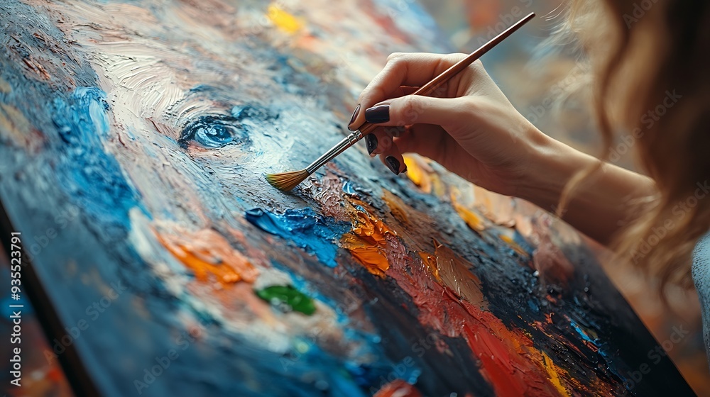 Poster a painter with very delicate hands is mixing paint on her colour palette and painting it onto a larg
