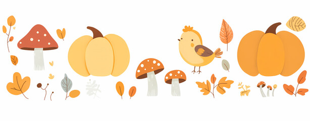 Whimsical Autumn Illustration of a Cheerful Pumpkin with Playful Birds and Mushrooms, Featuring Cozy Fall Leaves and a Warm Color Palette in a Cartoonish Style