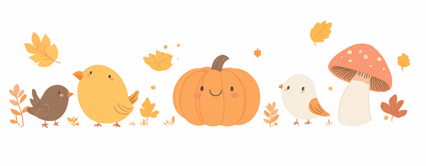 Fototapeta premium Whimsical Autumn Illustration of a Cheerful Pumpkin with Playful Birds and Mushrooms, Featuring Cozy Fall Leaves and a Warm Color Palette in a Cartoonish Style