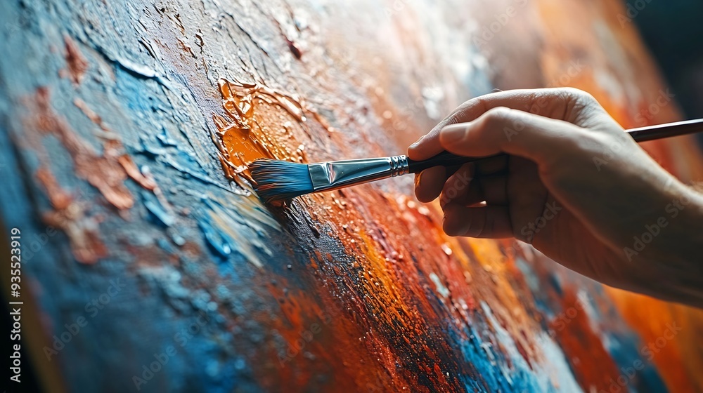 Poster artists hand with paintbrush on canvas closeup of an artists paintcovered hand as they apply vibrant