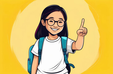 smiling friendly teen schoolgirl pointing her finger on yellow backdrop, flat illustration